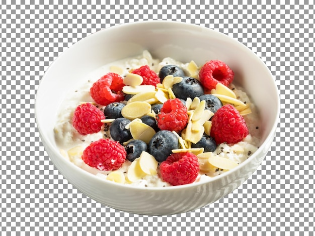 PSD bowl of oatmeal with berries and almonds on transparent background