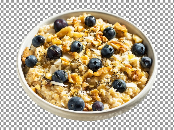 PSD bowl of oatmeal with blueberries and almonds on transparent background