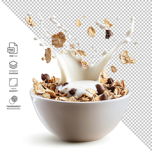 bowl of muesli with milk splash isolated without background