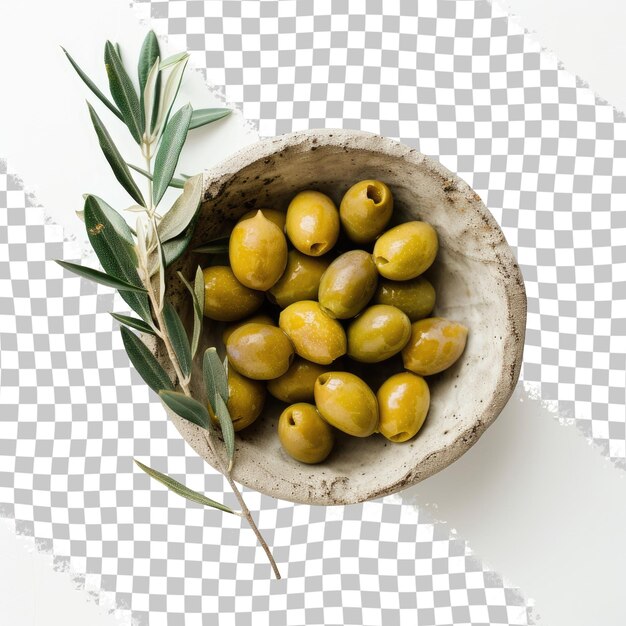 PSD una ciotola di olive con un ramo d'oliva sullo sfondo