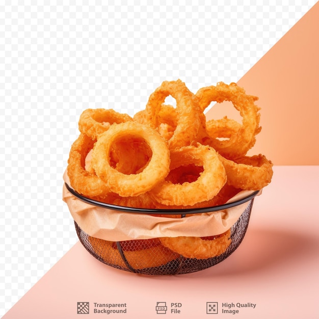 a bowl of onion rings with a black and orange background.