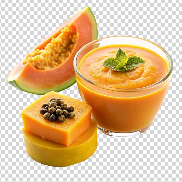 PSD a bowl of orange sauce and a cut open cantaloupe with seeds on transparent background