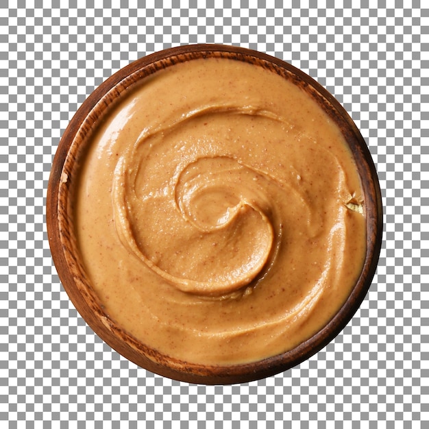 A bowl of peanut butter with a swirl on transparent background
