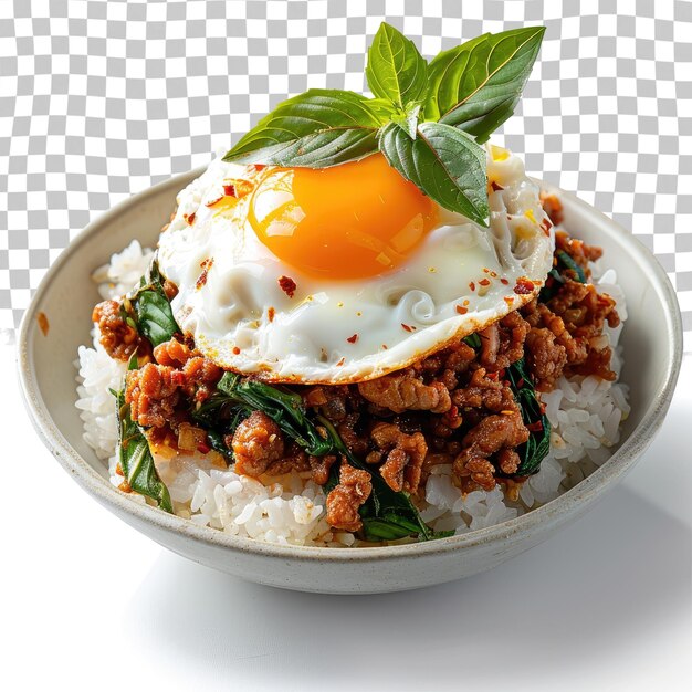 PSD a bowl of rice with a fried egg on top of it