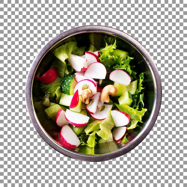 Bowl of salad with radishes and a nut on transparent background