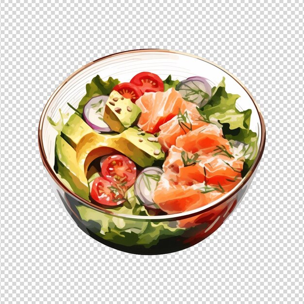 Bowl of salad with sauces on transparent white background