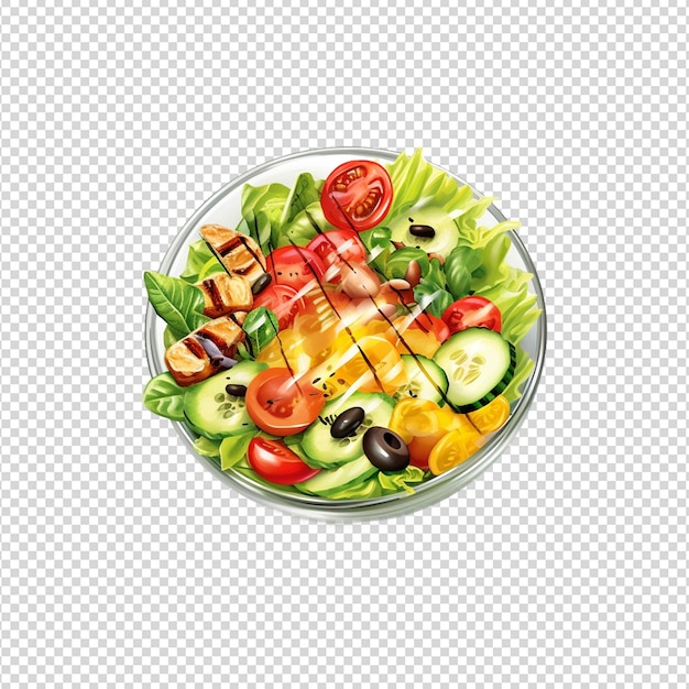 Bowl of salad with sauces on transparent white background