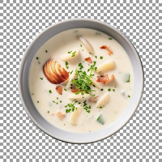 Bowl of seafood soup with seafood on transparent background