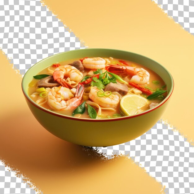 A bowl of shrimp soup with a yellow background with a red border.