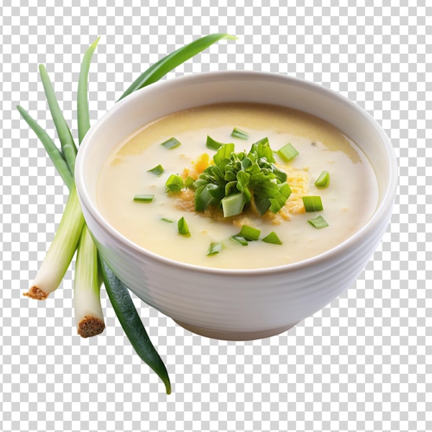 PSD a bowl of soup with green onions and herbs on transparent background