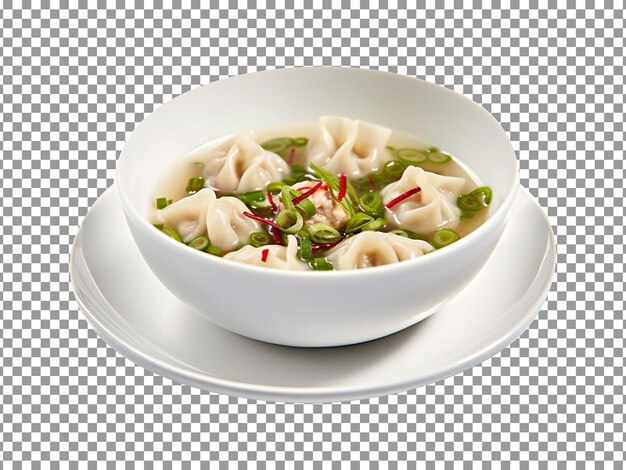 Bowl of soup with green onions and momos or dumplings on transparent background