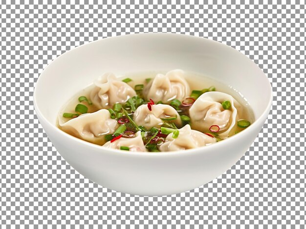 PSD bowl of soup with green onions and momos or dumplings on transparent background