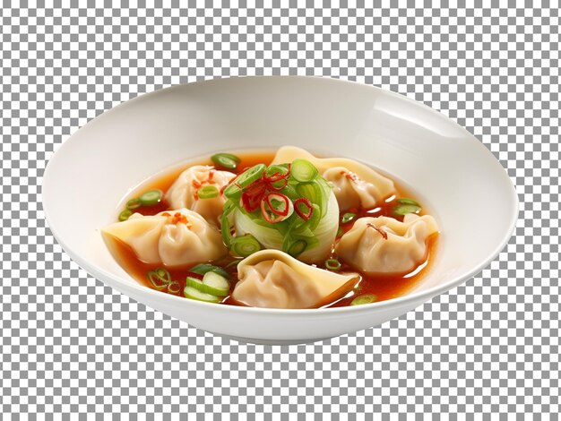 Bowl of soup with green onions and momos or dumplings on transparent background