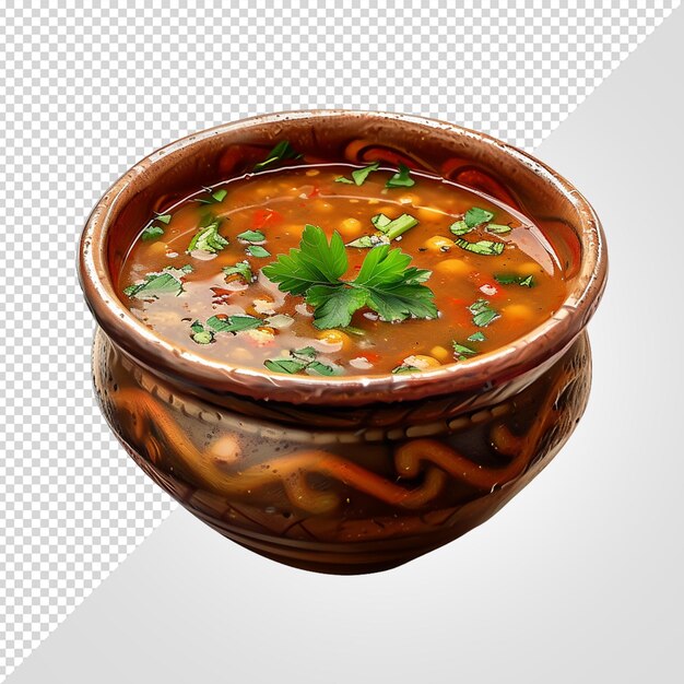 PSD a bowl of soup with a leafy green garnish on the bottom