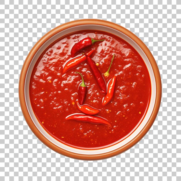 Bowl of spicy chilli sauce on white background