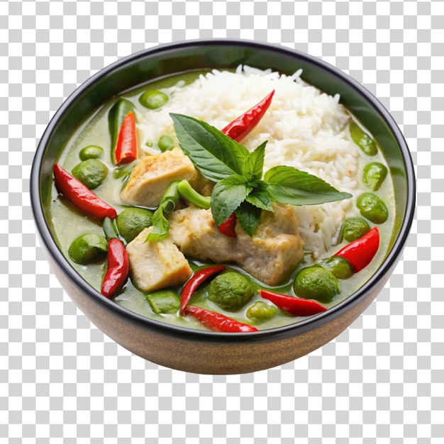 Una ciotola di curry verde thailandese piccante con riso di gelsomino isolato su uno sfondo trasparente
