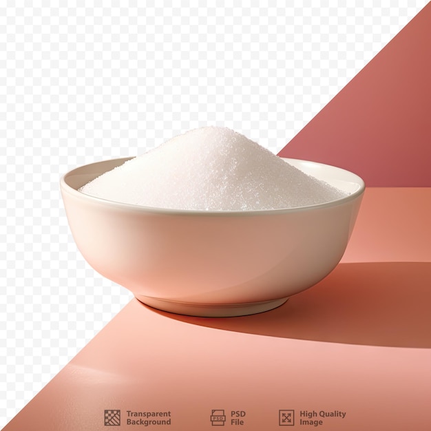 A bowl of sugar sits on a red surface with a picture of a bowl of sugar in the middle.