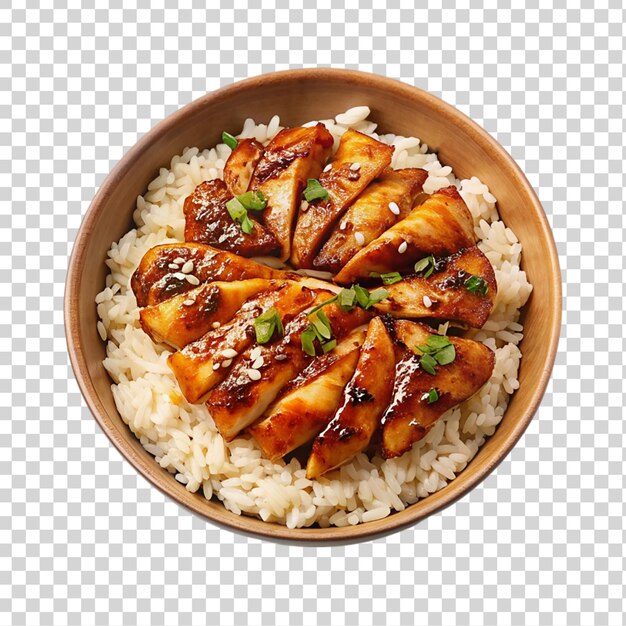 PSD ciotola di pollo teriyaki con riso isolato su uno sfondo trasparente