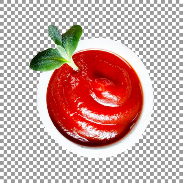 PSD bowl of tomato sauce with a leaf on transparent background