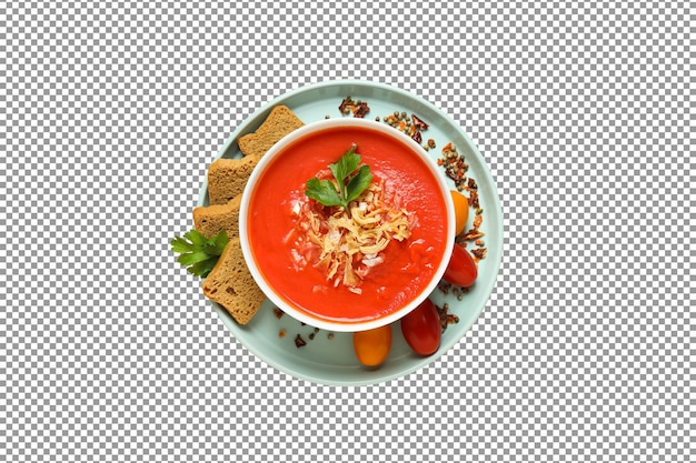 PSD una ciotola di zuppa di pomodoro con piatto di pane a forma di pomodoro gustoso su sfondo isolato e trasparente