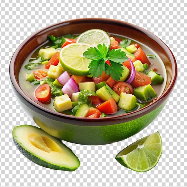 PSD a bowl of vegetable soup with tomatoes cucumbers limes on transparent background