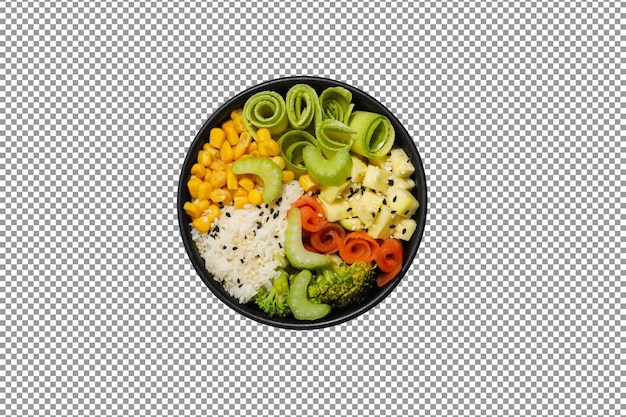 A bowl of vegetables and rice on a checkered with isolated and transparent background