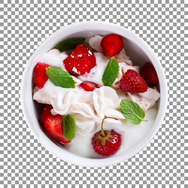 Bowl of whipped cream with strawberries on transparent background