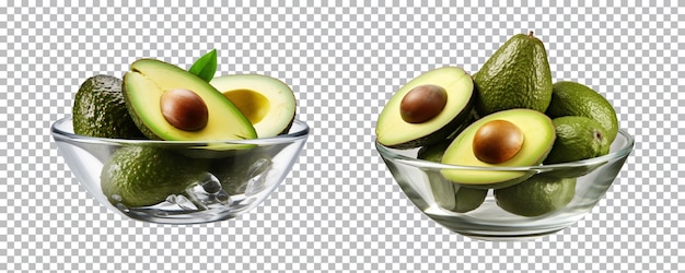 PSD bowl of whole and cutinhalf avocados isolated on a transparent background