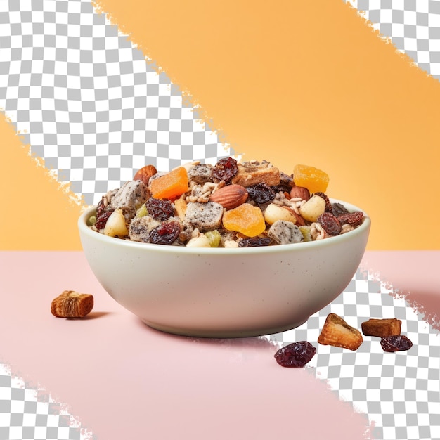 A bowl with cereal made of chia seeds nuts and dried fruit on a transparent background