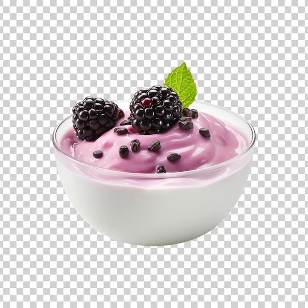 A bowl of yogurt with blackberries on a transparent background