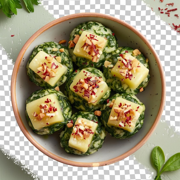 Una ciotola di zucchine con un topping a foglia verde