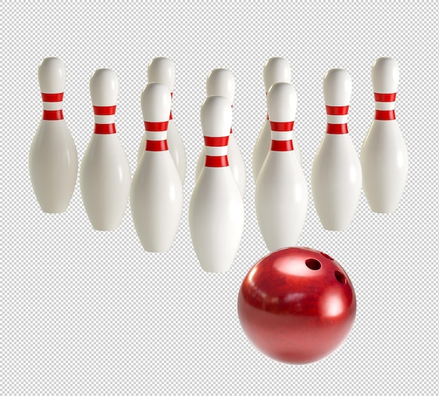 PSD bowling concept bal en pinnen op wit