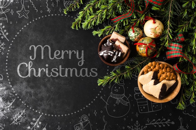 bowls with snacks and decorations for christmas