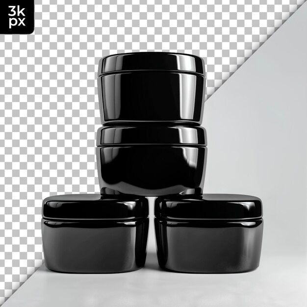 PSD a box of black containers with a white background and a black box with the words kx on it