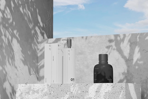 PSD modello di scatola e bottiglia con sfondo di ombra naturale
