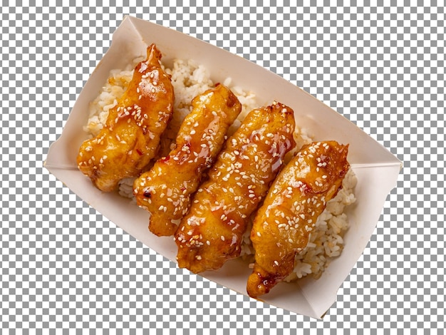 A box of chicken with sesame seeds isolated on transparent background