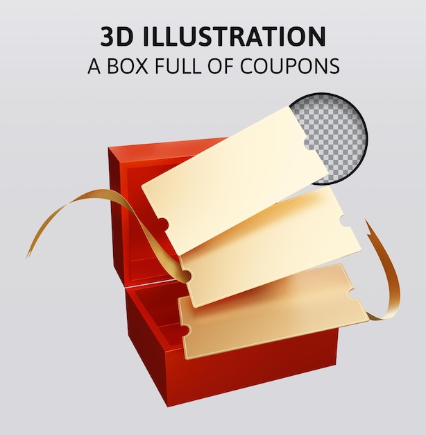 a box full of coupons 3d rendering illustration