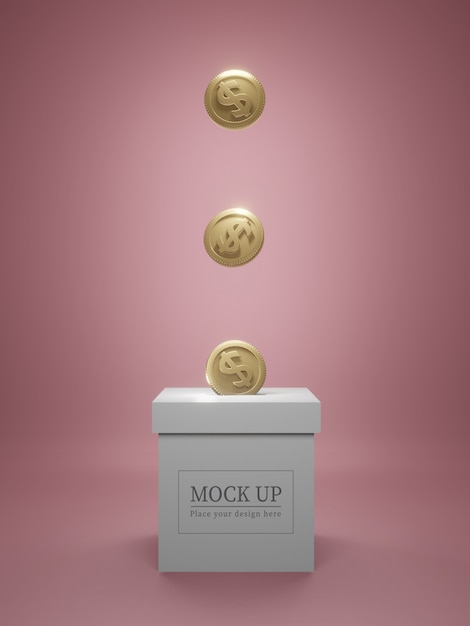 PSD box mockup with golden coins.