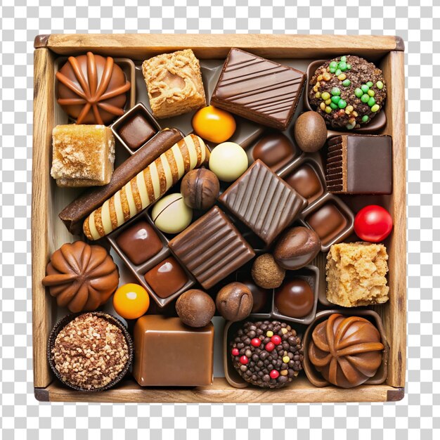 PSD box of assorted candy bars and chocolates transparent