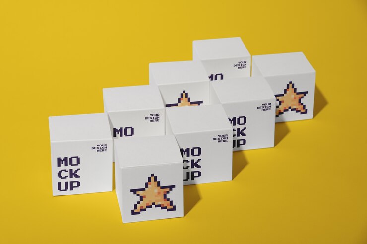PSD box packaging mock-up with pixel art
