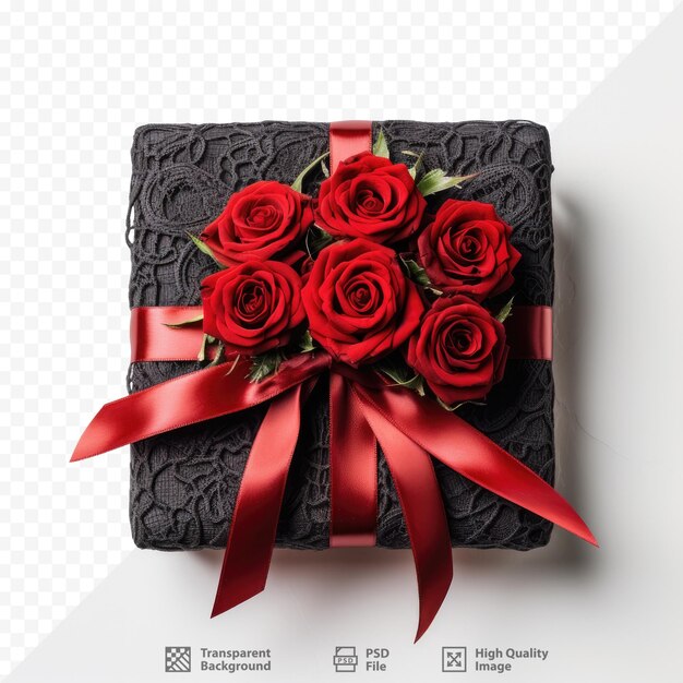 A box of roses with a red ribbon around it.