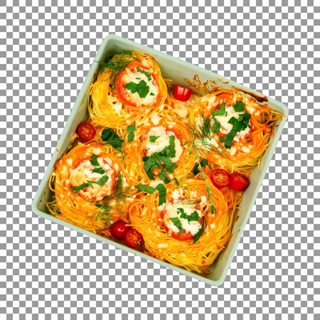 Box of spaghetti with a tomato sauce and cheese on transparent background