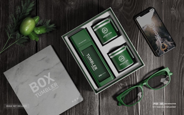 Box and Tubler set Mockup with glasses