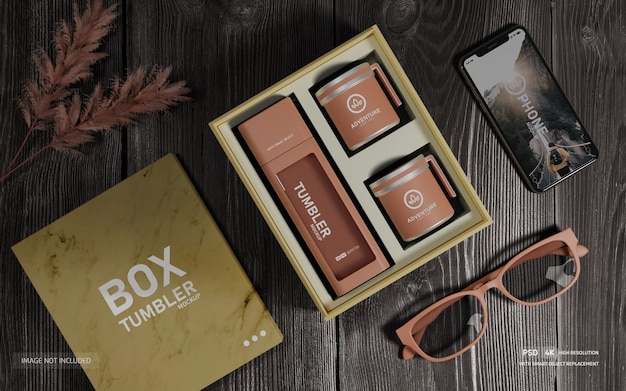 PSD box and tubler set mockup with glasses