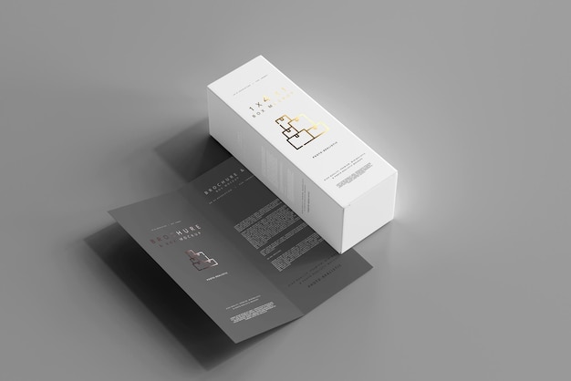 Box with bi-fold brochure mockup