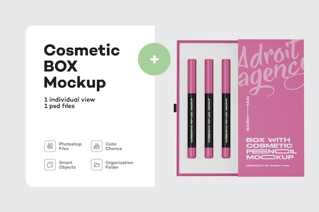 PSD scatola con set di matite cosmetiche mockup