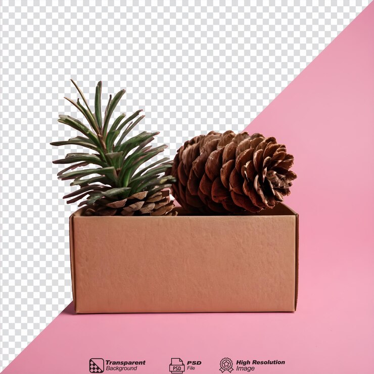 PSD a box with a pine cone on it and a pine cone on the bottom isolated