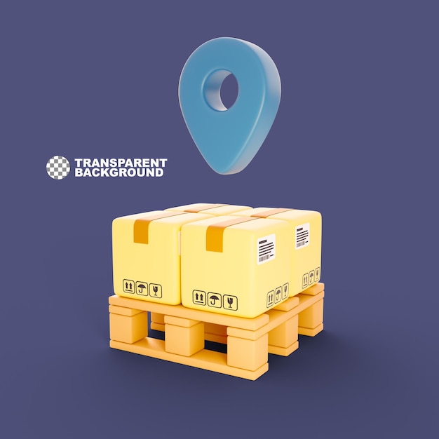 Boxes stacked on top of pallets with location icon on top 3D icon with logistic transportation conc