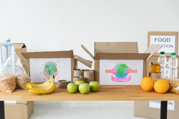 Boxes with donations on table