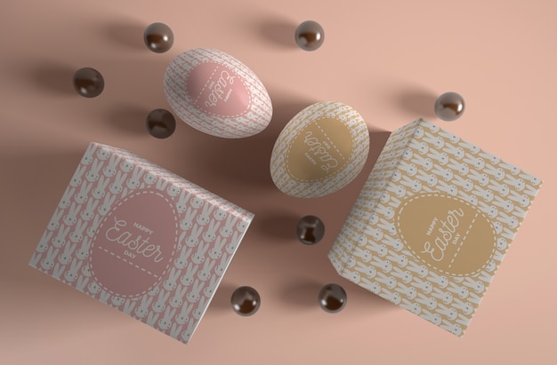 PSD boxes with eggs and chocolate candies beside